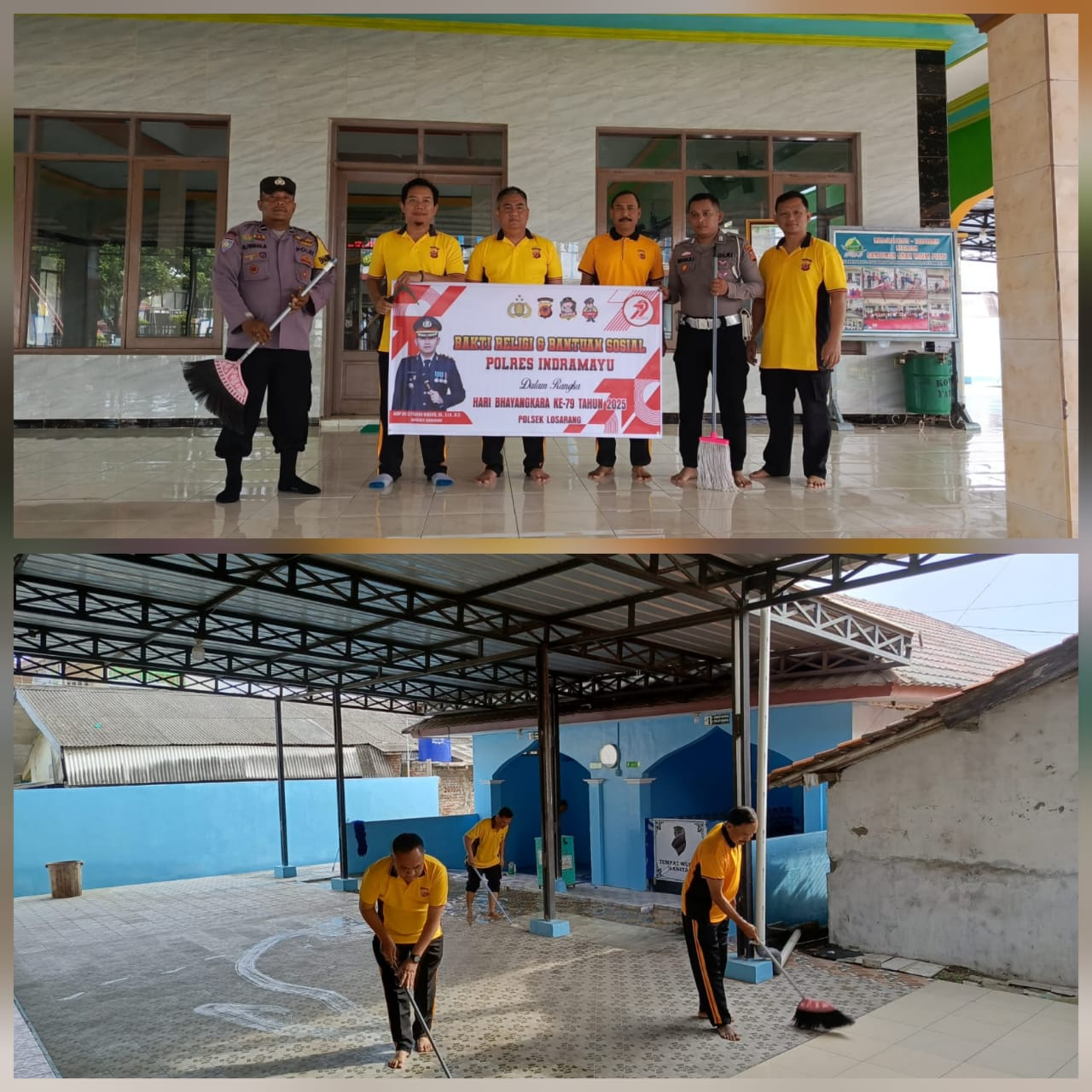 Sambut HUT Bhayangkara Ke-79 Polsek Losarang Gelar Giat Bersih-Bersih Maajid
