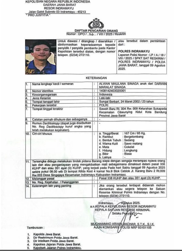 Polres Indramayu Terbitkan Surat DPO atas Nama Alvian Maulana Sinaga, Terduga Pelaku Penganiayaan Berat